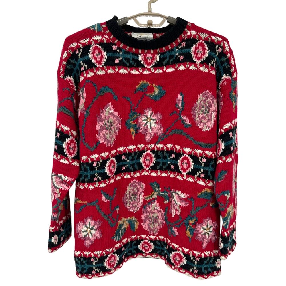 Express Vintage 80s Hand Knit Floral Sweater Chunky Oversized XS S M Cottagecore